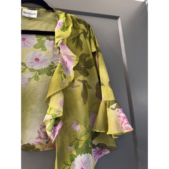 Sharagano Paris Green Floral Ruffled Sheer Wrap Top With Tie Closure Womens Smal - Picture 4 of 7